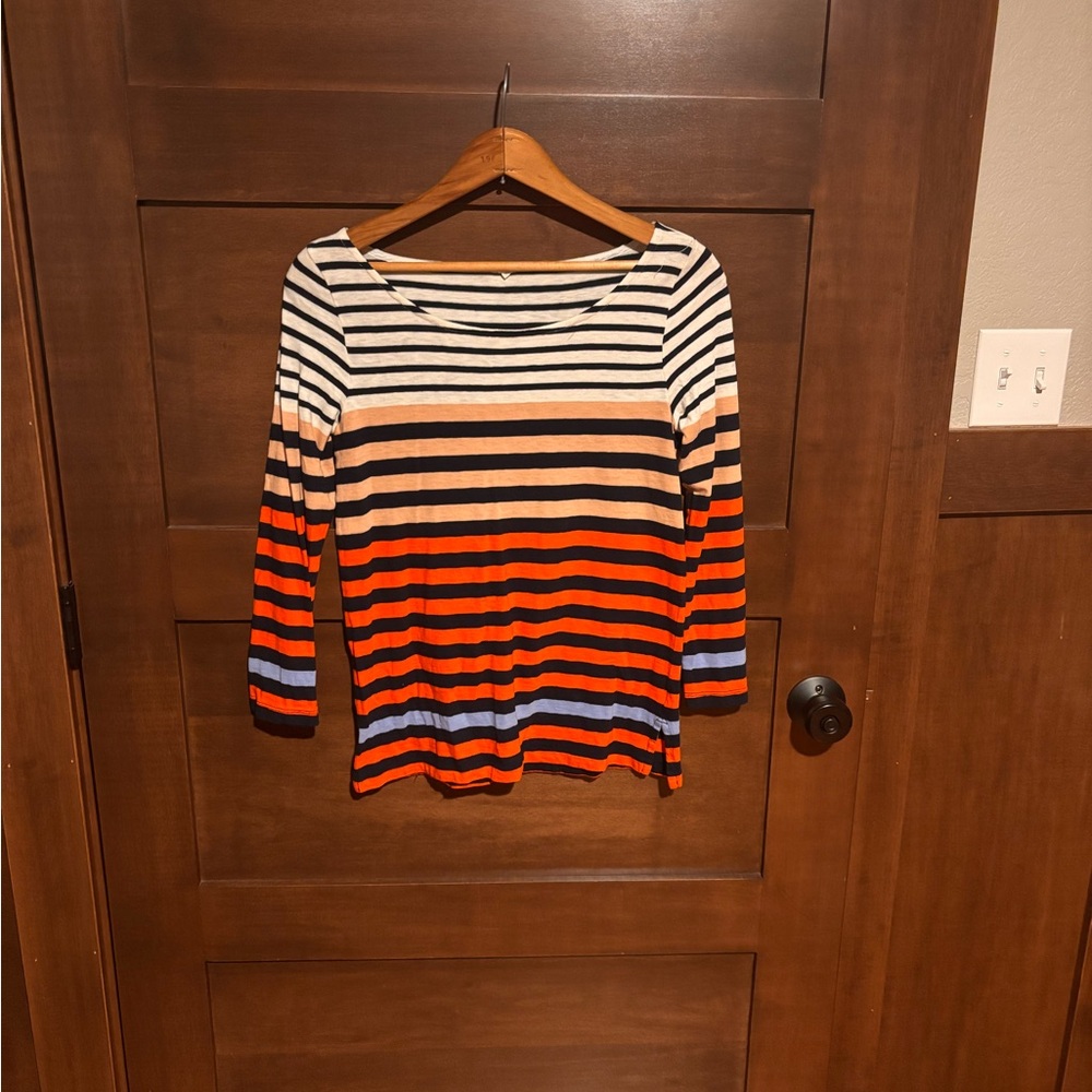 J. Crew Women's Long Sleeve Top - Black, White Striped Boat Neck Nautical